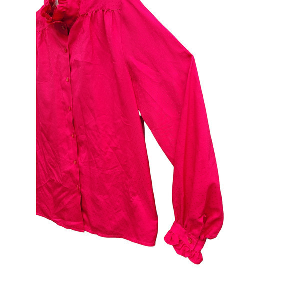 Vintage 70s Lady Manhattan Pink Red Damask Ruffle Cuffs Collar Button Blouse - Picture 7 of 10